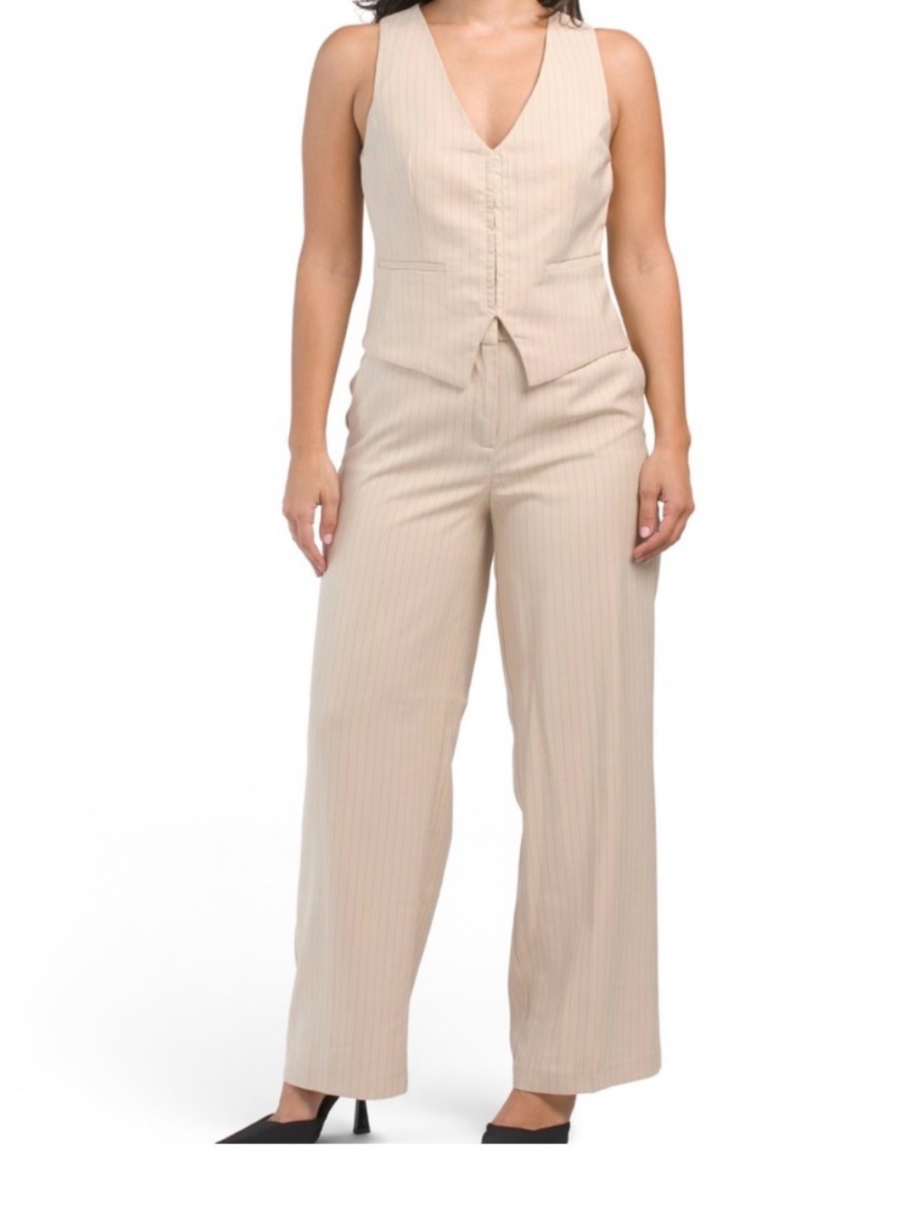 House of Harlow 1960 Beige Pinstripe Wide-Leg Jumpsuit with Vest